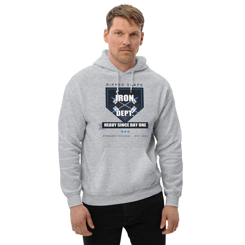 Ripped Shape Iron Dept. Crest Strength Division Hoodie Front