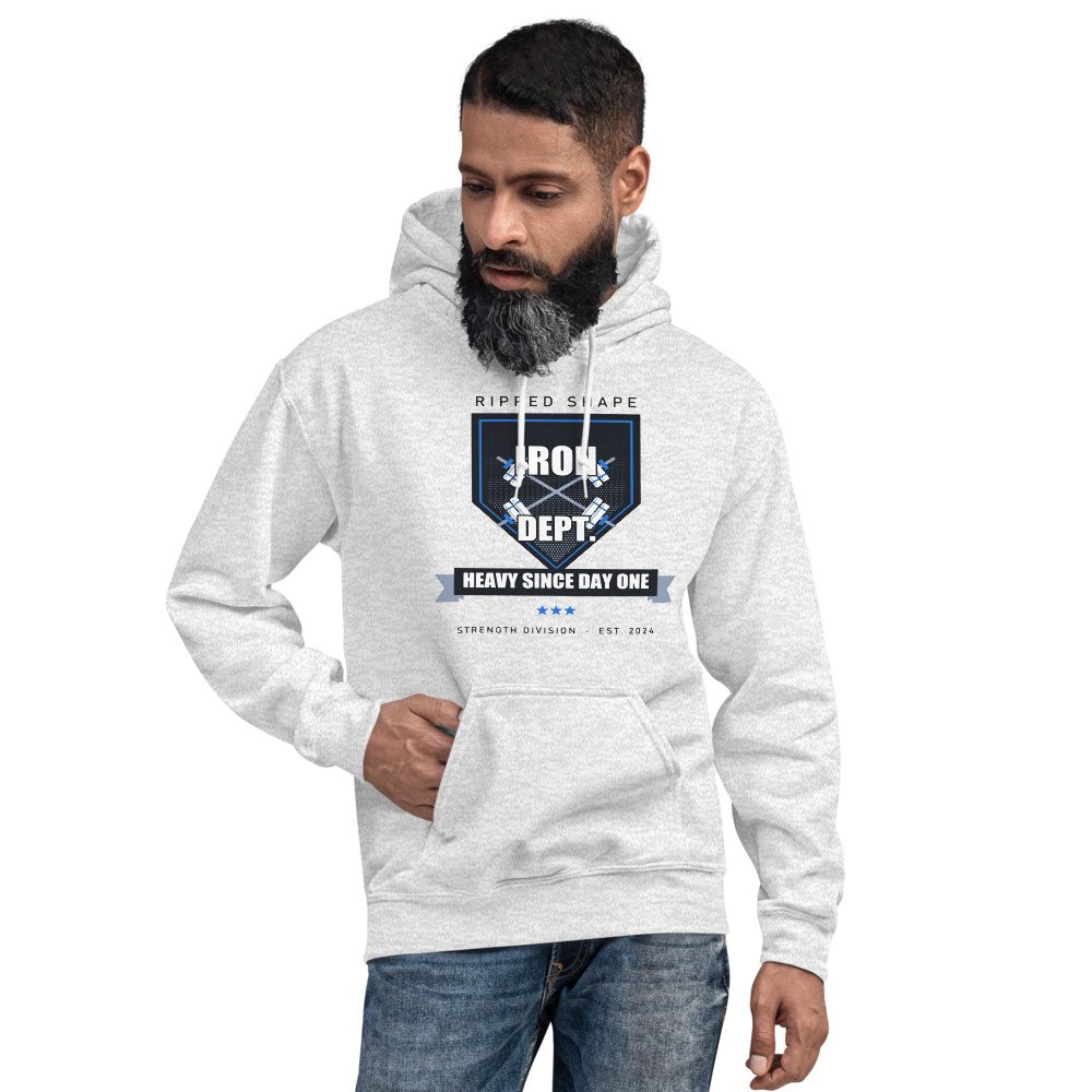 Ripped Shape Iron Dept. Crest Strength Division Hoodie Front