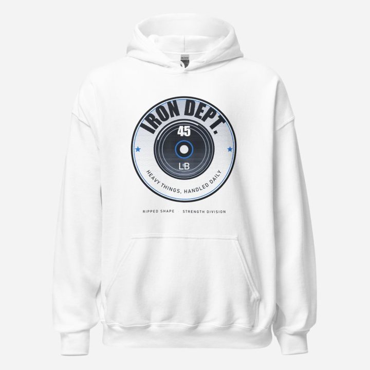 Ripped Shape Iron Dept. Plate Badge Strength Division Hoodie in White