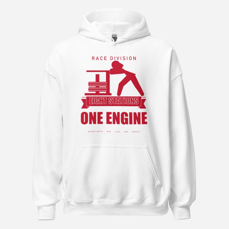 Ripped Shape Eight Stations One Engine Strength Division Hoodie in White