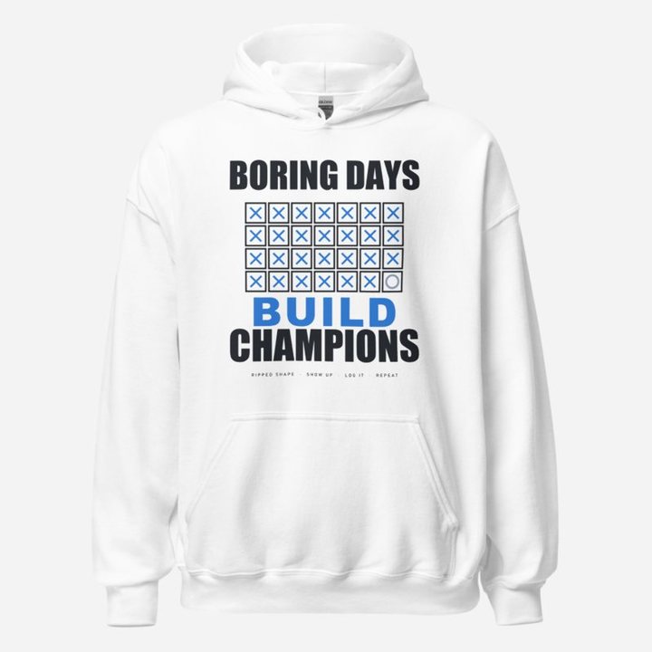 Ripped Shape Boring Days Build Champions Strength Division Hoodie in White