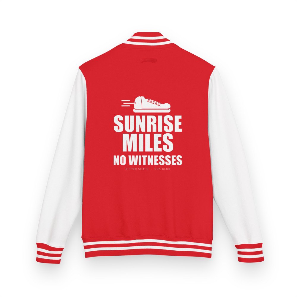 Ripped Shape Sunrise Miles, No Witnesses Varsity Jacket Fire Red/Arctic White