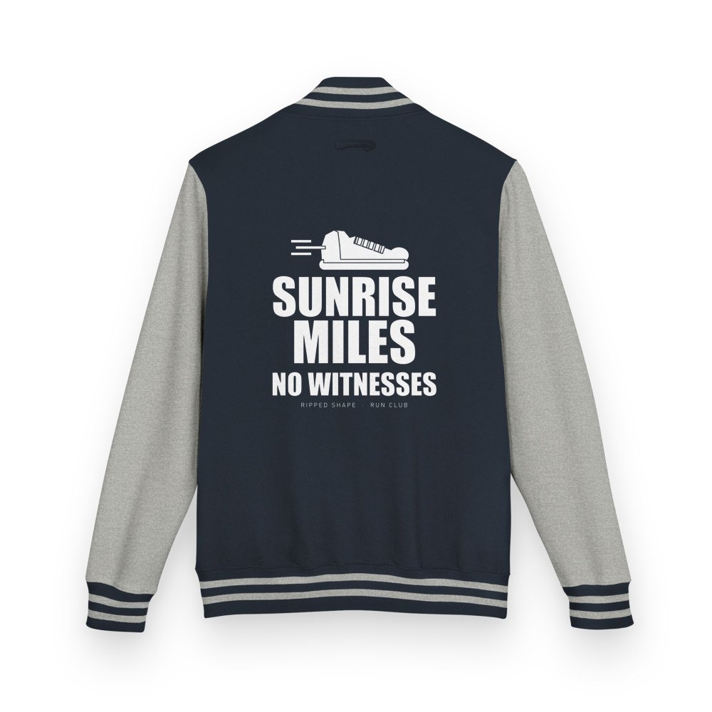 Ripped Shape Sunrise Miles, No Witnesses Varsity Jacket Oxford Navy/Heather Grey