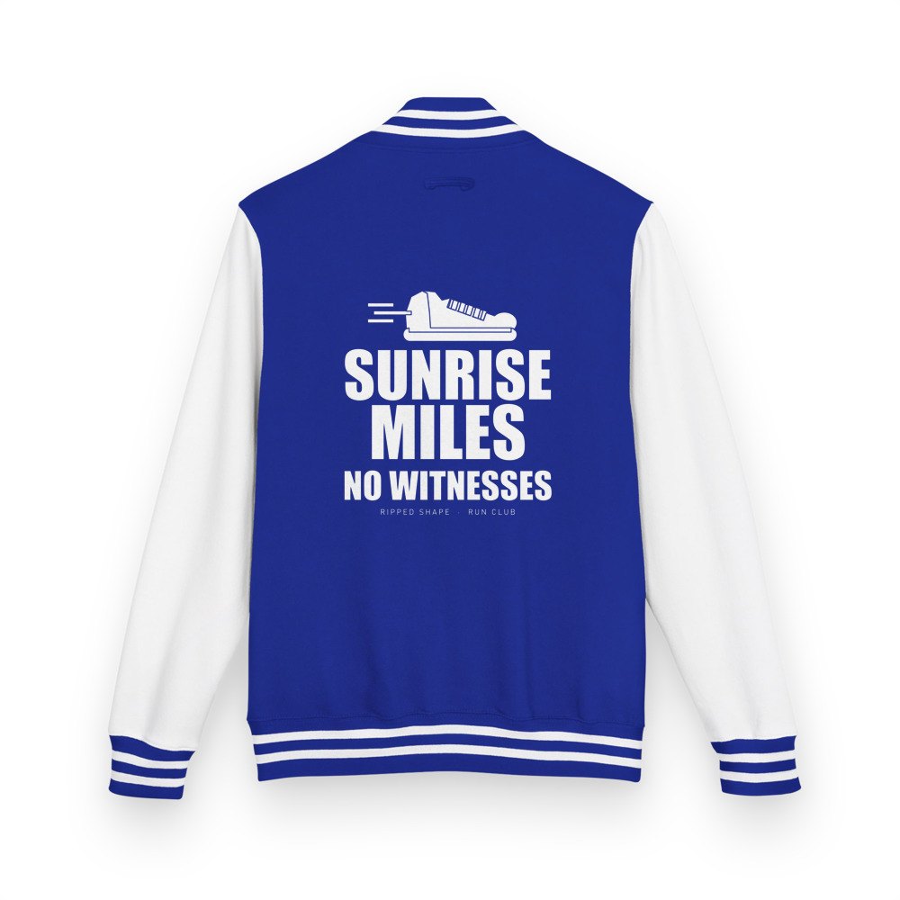 Ripped Shape Sunrise Miles, No Witnesses Varsity Jacket in Royal Blue/Arctic White