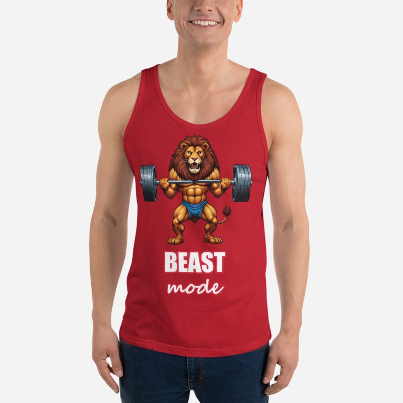 Ripped Shape Beast Mode Gym Lion Tank in Red
